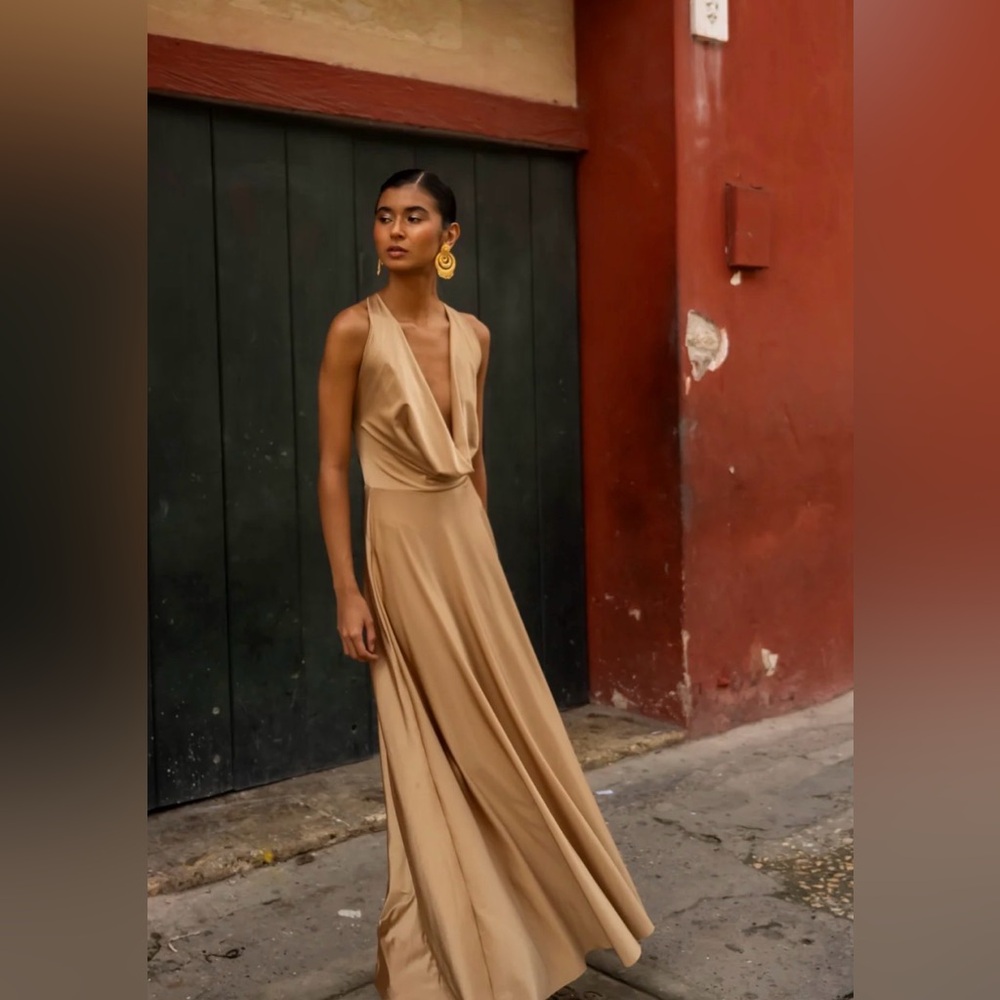 Elegant Drape Maxi Dress in Camel